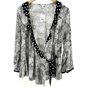 Cato Womens XL Black White Floral Polka Dot Ruffle Wrap Cardigan Top New w/Tags